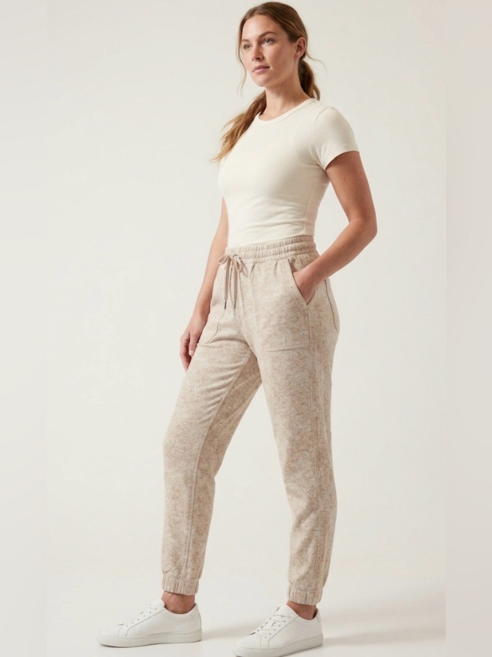 Athleta Farallon Jogger Tan Marble Printed Organic Cotton Stretch Pants - Size L